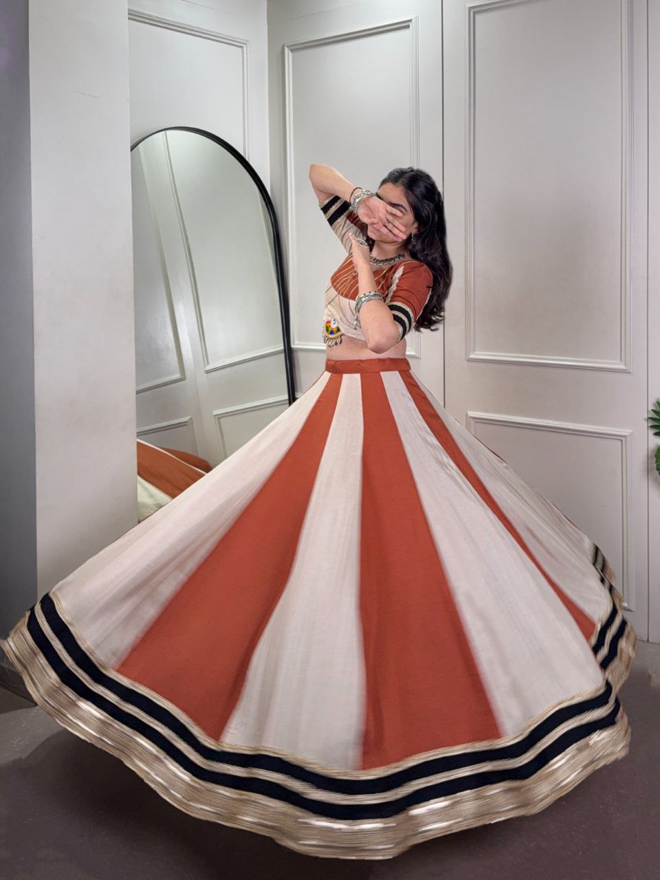 Navratri Lehenga 2025, Mirror Work Blouse, Chinon Lehenga Choli, Gamthi Work Lehenga, Kodi Lace Blouse, Gotta Patti Lehenga, 6 Meter Flair Lehenga, Garba Night Outfit, Stitched Navratri Lehenga, Georgette Embroidered Dupatta, Garba Look 2025, Traditional Festival Wear, Canvas Lined Lehenga