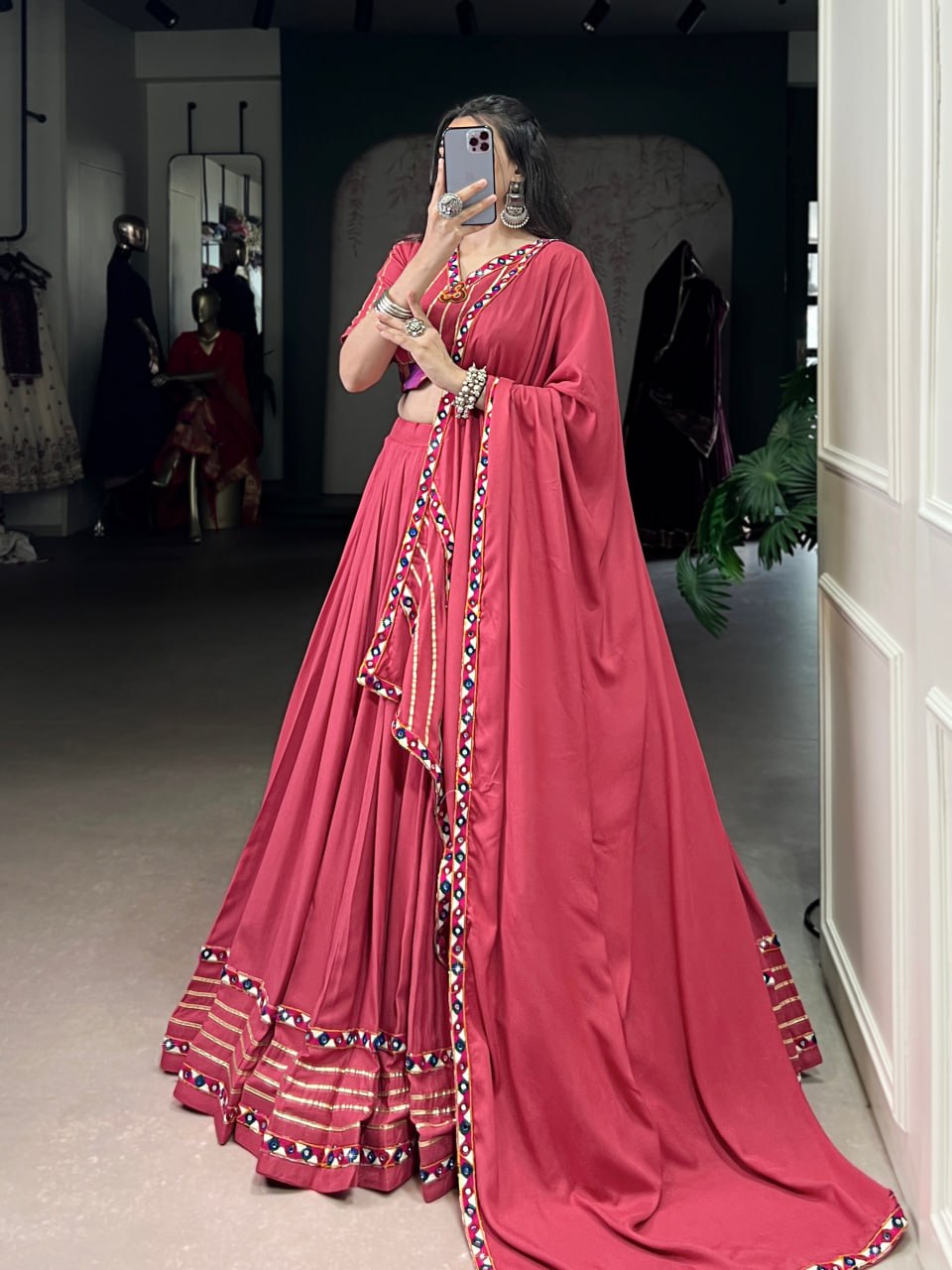 Light Pink Rayon Original Mirror Work Gamthi Lehenga Choli