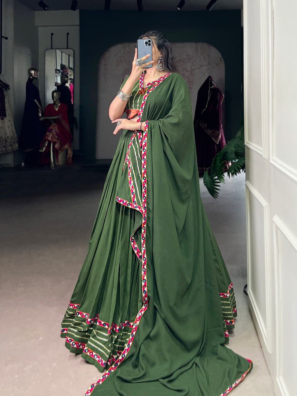 Light Green Rayon Original Mirror Work Gamthi Lehenga Choli