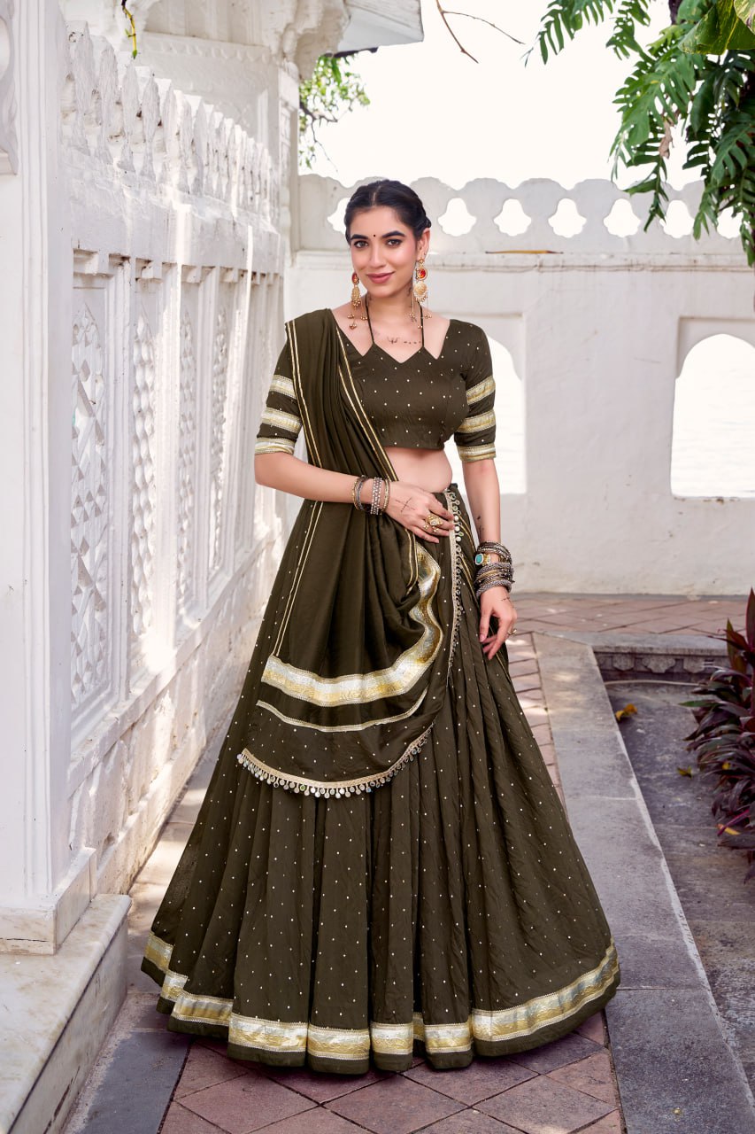 Olive Green  Pure Chanderi Silk Lehenga Choli With Zari Weaving & Lace Touch Up