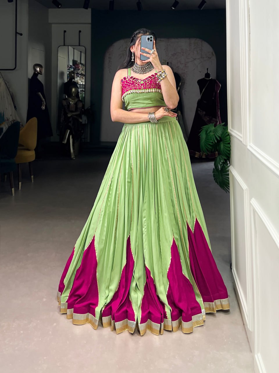 Pure Rayon Green Navratri Lehenga, Green Gamthi Work Lehenga Choli, Mirror Work Navratri Outfit, Gota Patti Blouse Lehenga Choli, Stitched Rayon Lehenga for Women, Green Traditional Navratri Chaniya Choli, Designer Lehenga Choli 2025, Festival Wear Lehenga for Garba, Cowrie Lace Work Lehenga Choli, Women’s Ethnic Wear for Navratri