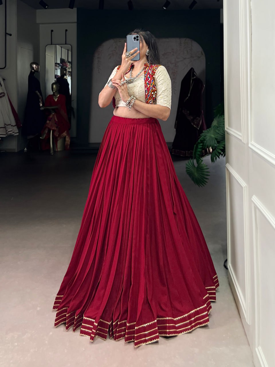 Designer Rayon Lehenga Choli with Khadi Cotton Mirror Gamthi Blouse