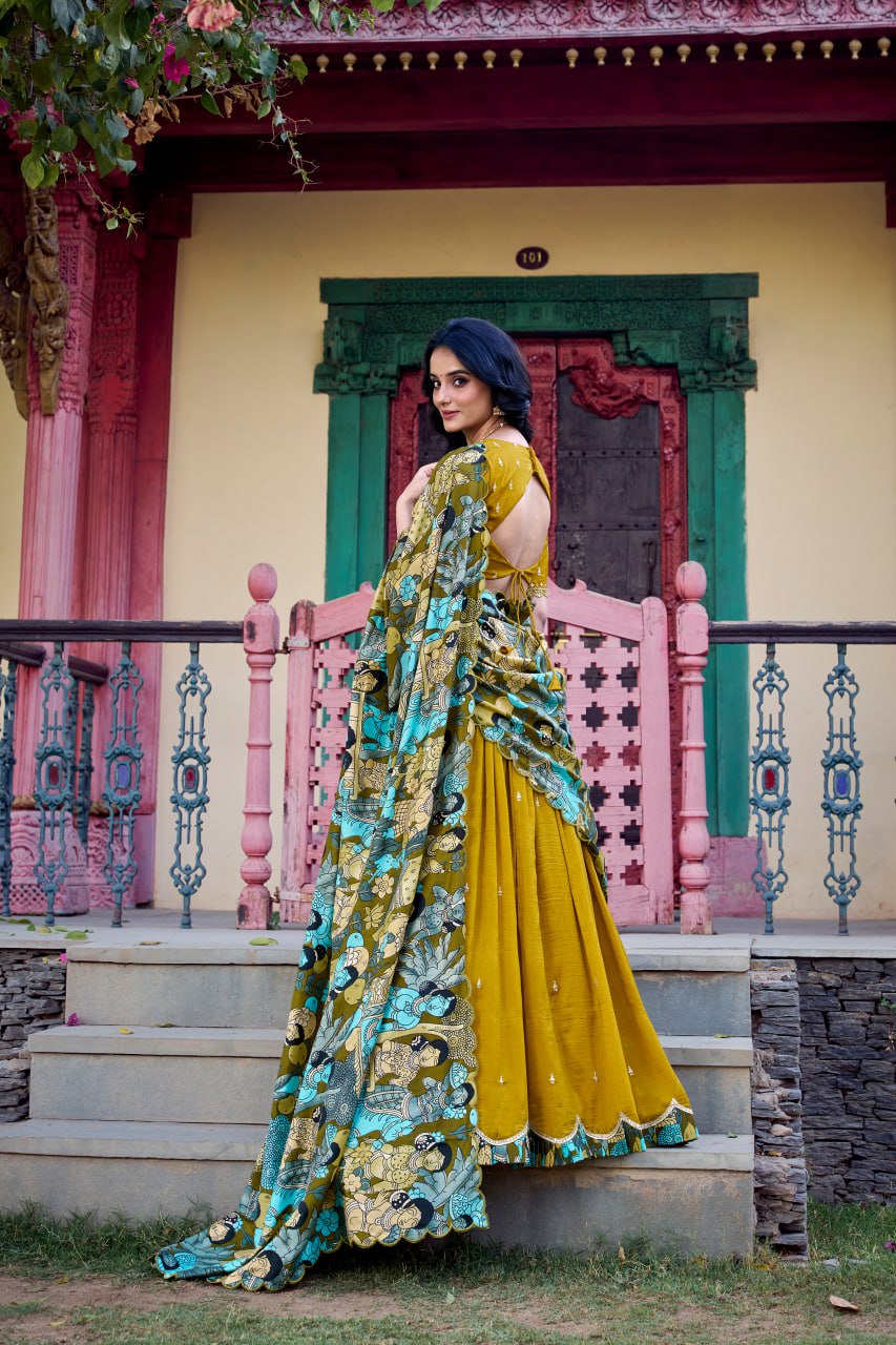 Mustard Designer Wedding Lehenga Choli with Foil Print & Dupatta