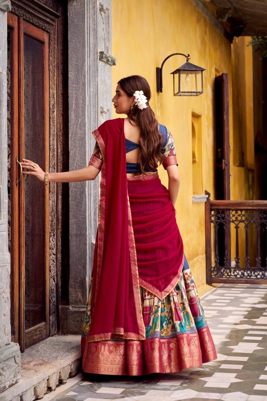 Navy Blue Poly Kalamkari Printed Chanderi Lehenga Choli