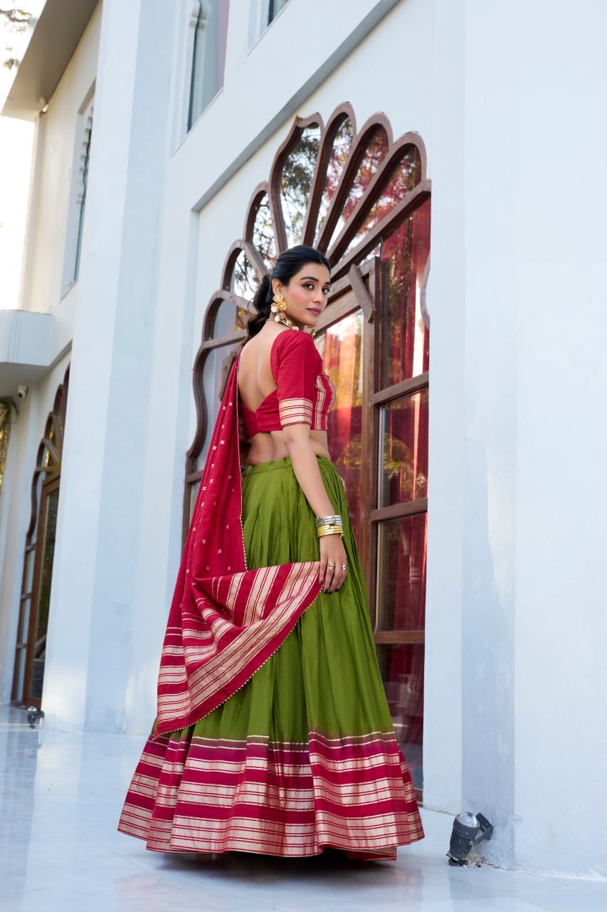 Designer Pure Chanderi Mehndi Green Bridal Lehenga Choli with Zari Weaving Work & Dupatta