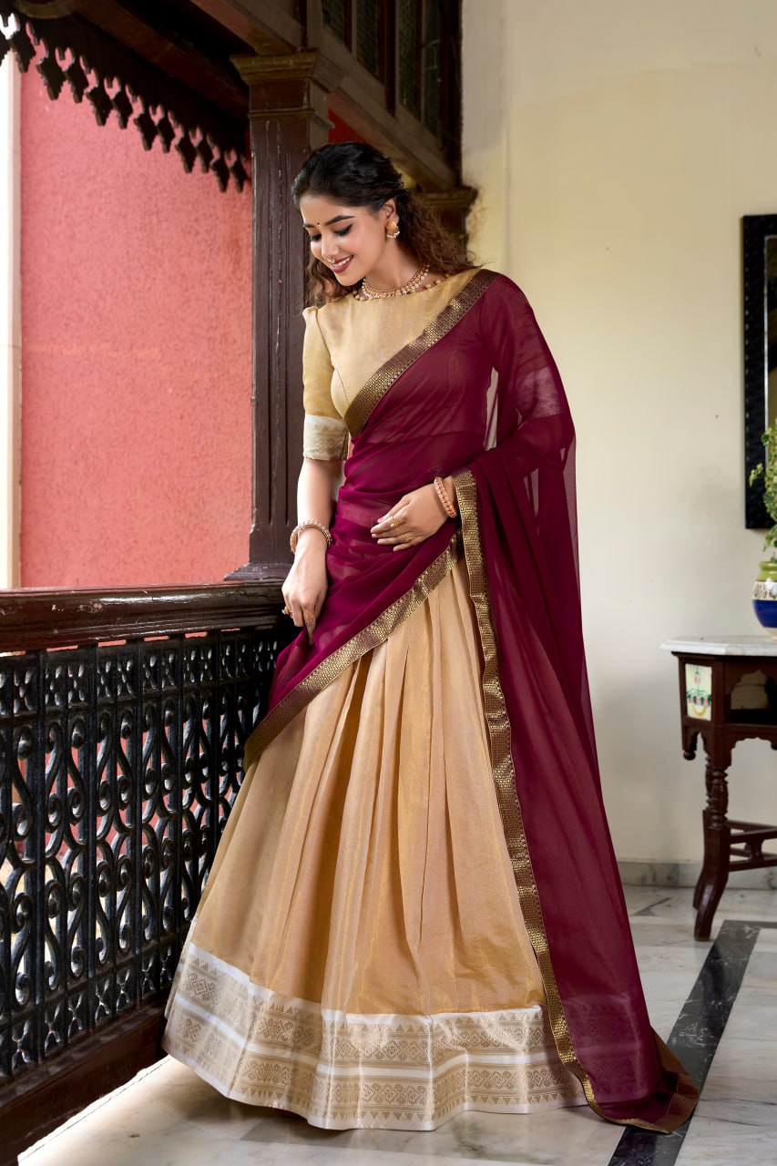 Cream Heritage Kanchipuram Silk Lehenga Choli with Zari Weaving & Dupatta