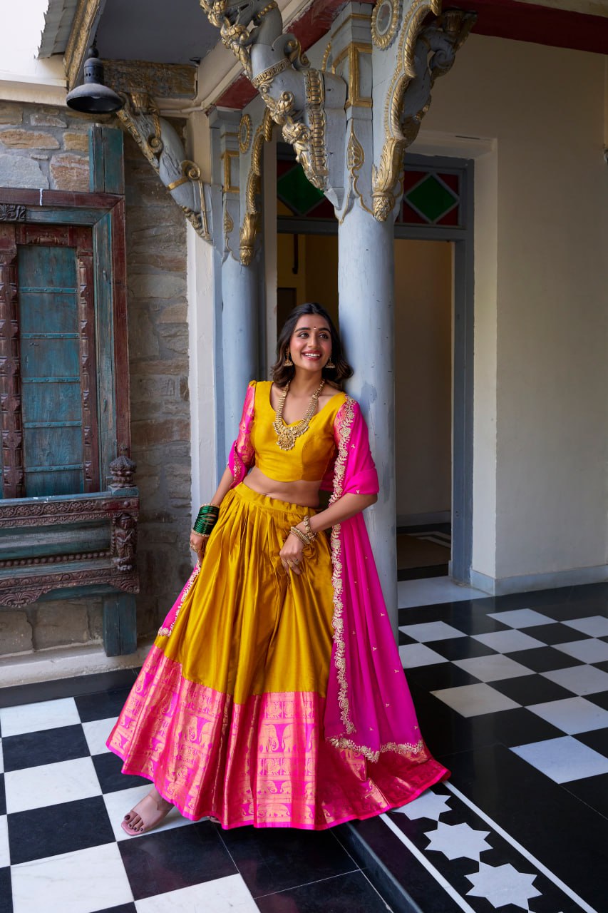 Designer Yellow Lehenga Choli with Zari Weaving & Dupatta