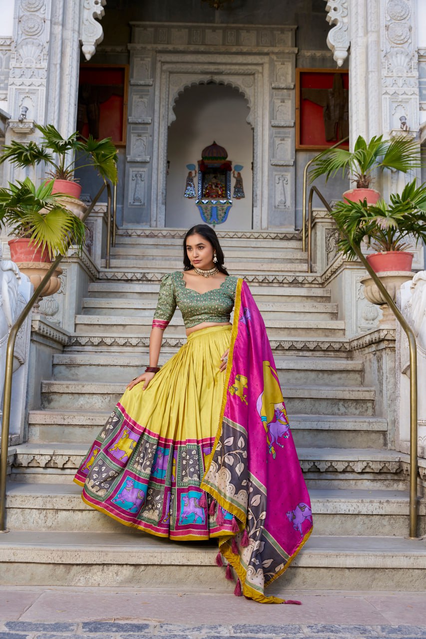 Yellow Kalamkari Lehenga Choli with Foil Work & Gota Patti Dupatta