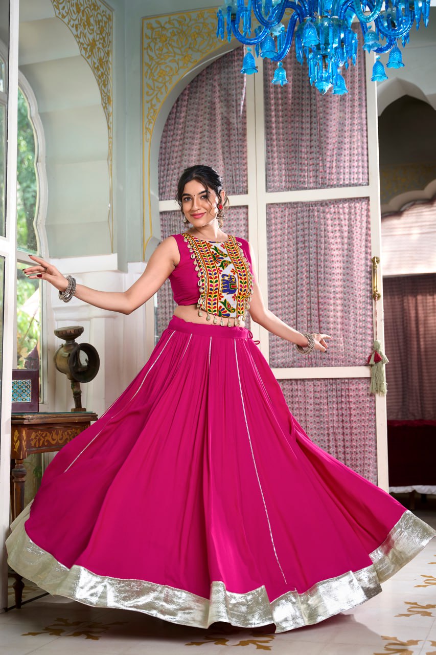 Navratri Lehenga 2025, Gamthi Work Blouse, Rayon Lehenga Choli, Kodi Lace Blouse, Gotta Patti Lehenga, Cowrie Work Choli, Stitched Navratri Lehenga, Traditional Garba Outfit, Dandiya Lehenga, 6 Meter Flare Lehenga, Festive Indian Wear, Ready to Wear Lehenga, Canvas Lined Lehenga