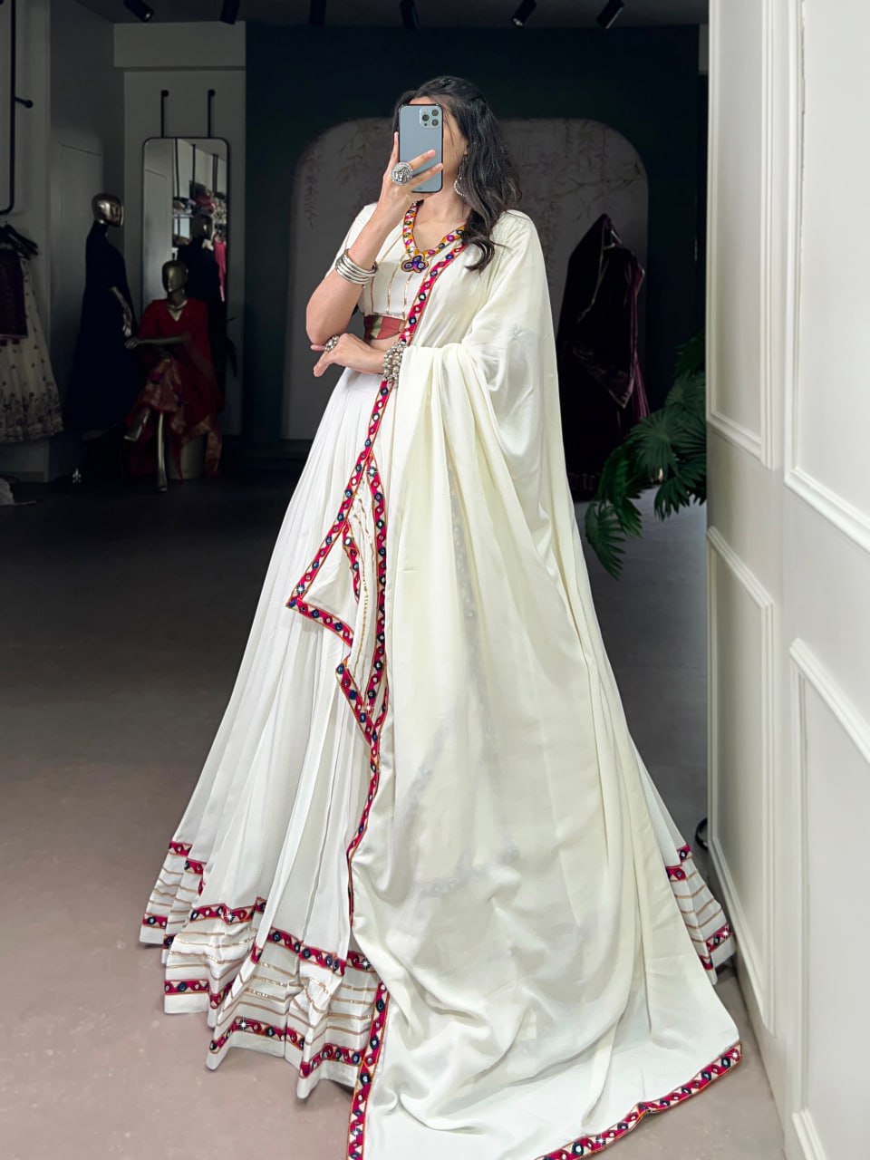 White Rayon Original Mirror Work Gamthi Lehenga Choli