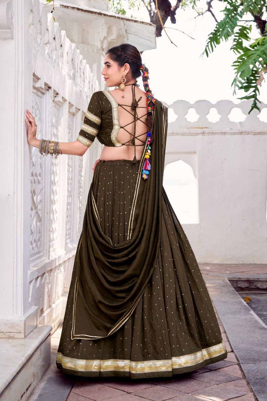 Olive Green  Pure Chanderi Silk Lehenga Choli With Zari Weaving & Lace Touch Up