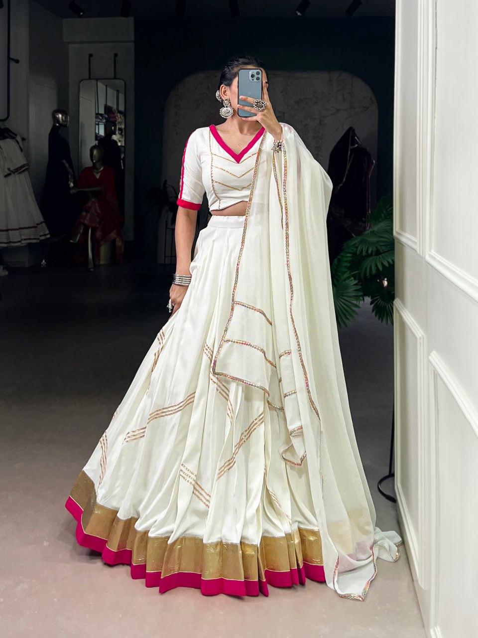 White Rayon Navratri Lehenga Choli with Mirror & Gota Patti Work