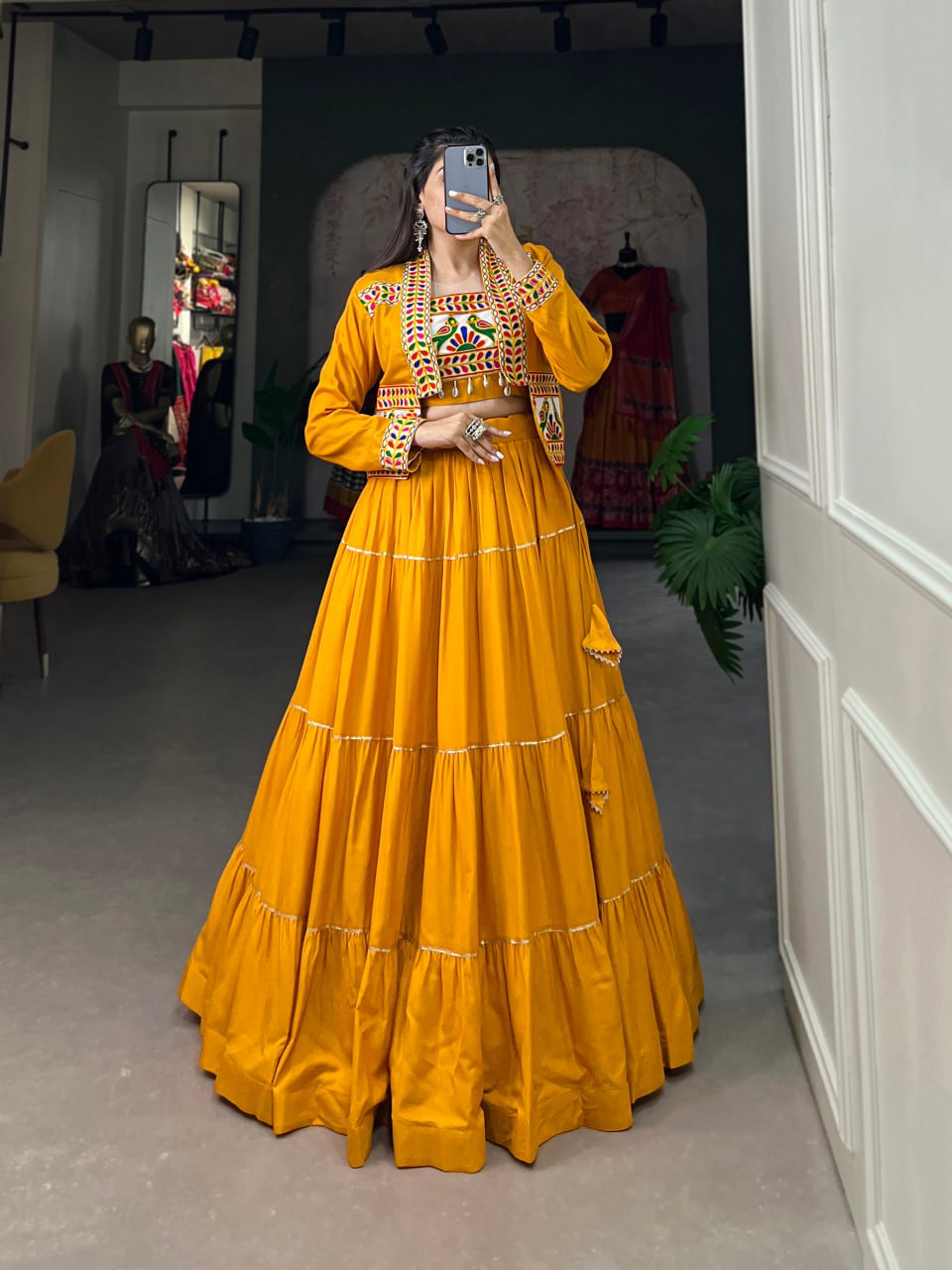 Navratri Lehenga Choli with Koti, Pure Rayon Lehenga Set, Gamthi Work Festival Wear Outfit, Gota Patti Lehenga for Navratri, Designer Navratri Chaniya Choli 2025, Stitched Lehenga Choli with Jacket, Traditional Indian Lehenga Outfit, Cowrie Lace Work Lehenga Choli, Women’s Navratri Garba Dress, Rayon Lehenga Choli with Gamthi Embroidery