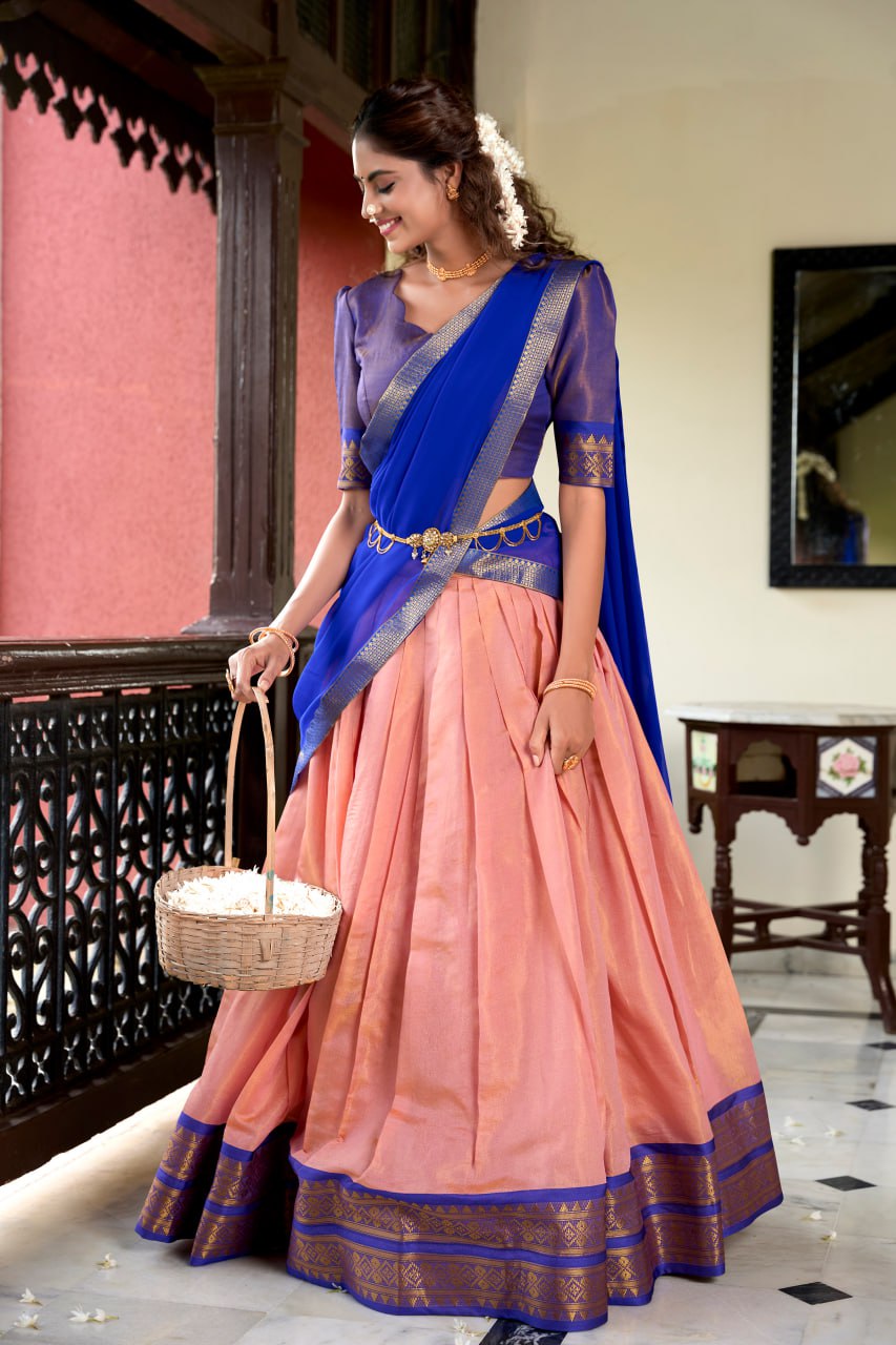 Peach Heritage Kanchipuram Silk Lehenga Choli with Zari Weaving & Dupatta