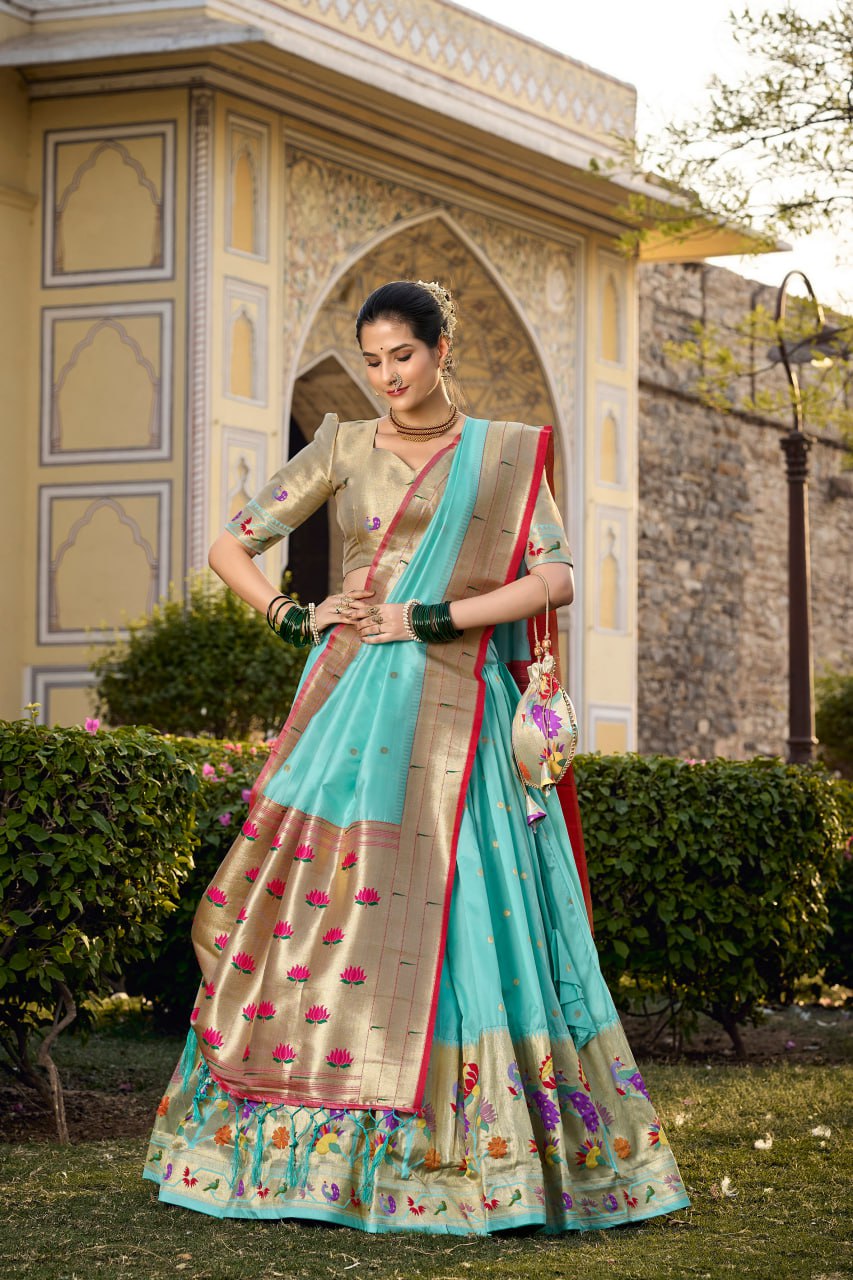 Sea Blue Paithani Lehenga Choli with Zari Weaving Work, Dupatta & Batwa