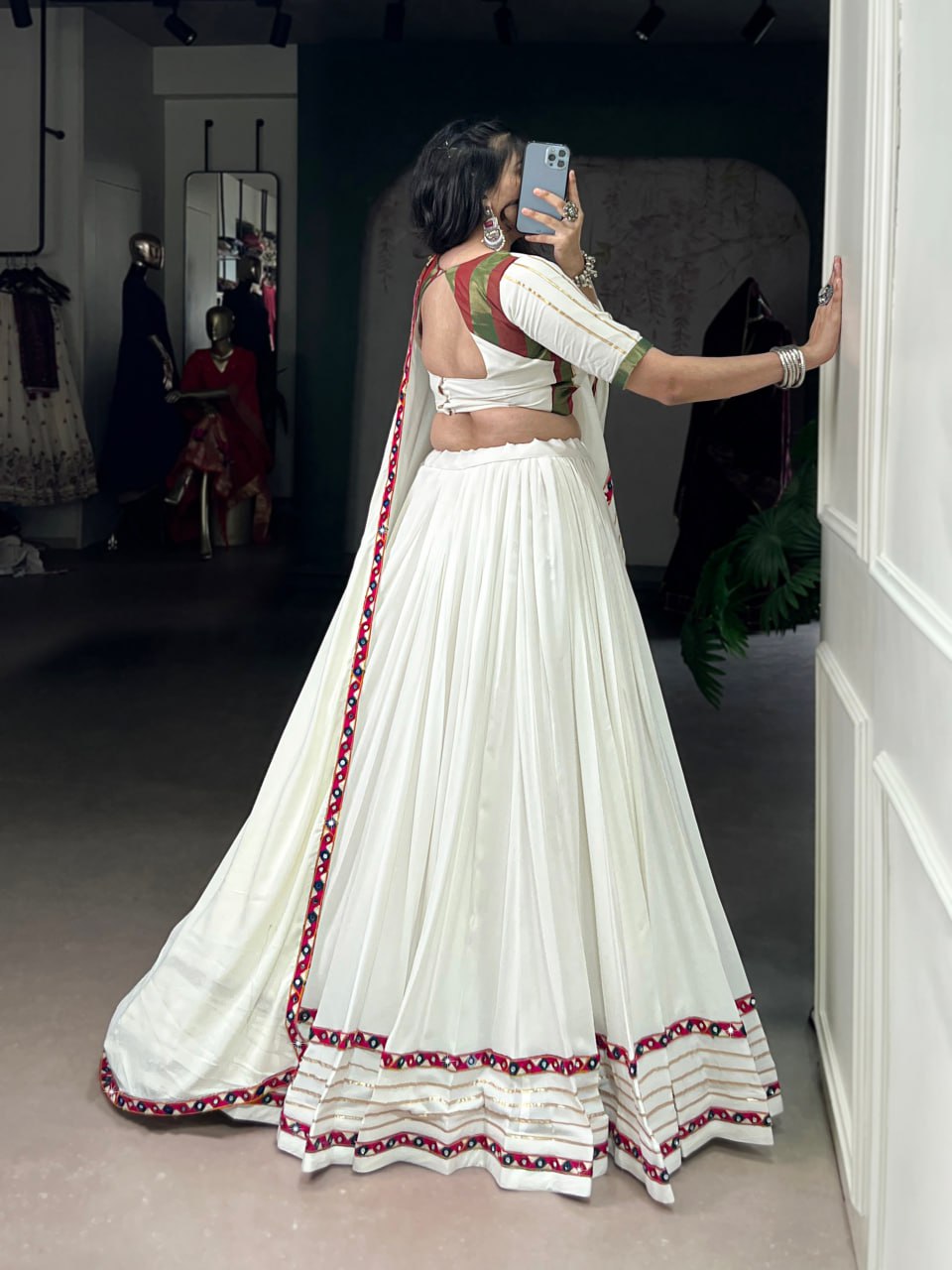 White Rayon Original Mirror Work Gamthi Lehenga Choli