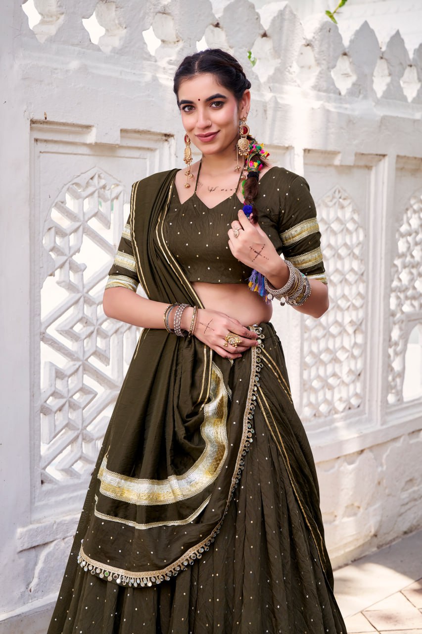 Olive Green  Pure Chanderi Silk Lehenga Choli With Zari Weaving & Lace Touch Up
