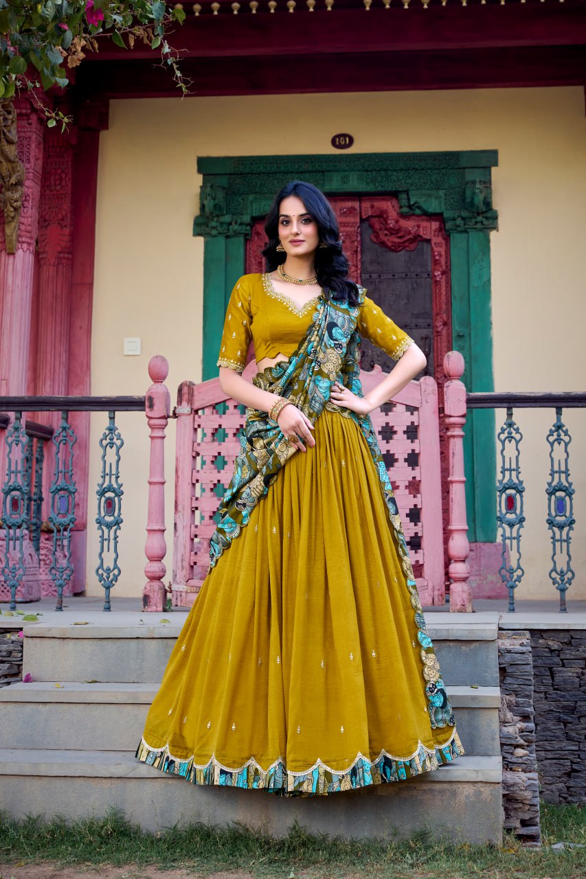 Mustard Designer Wedding Lehenga Choli with Foil Print & Dupatta