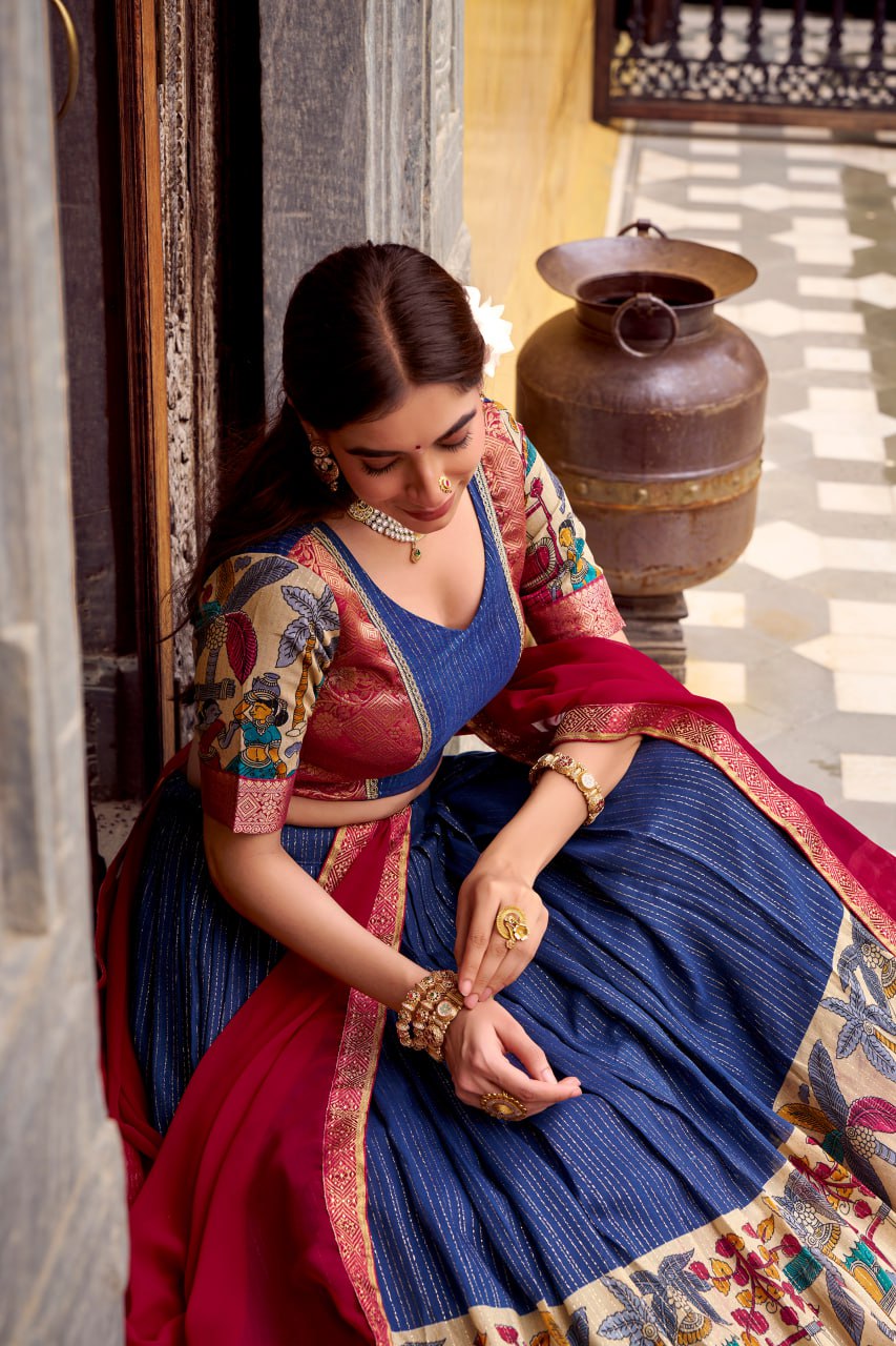 Navy Blue Poly Kalamkari Printed Chanderi Lehenga Choli