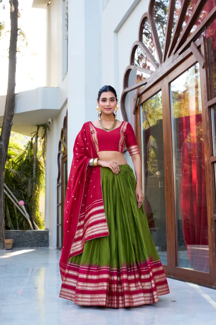 Designer Pure Chanderi Mehndi Green Bridal Lehenga Choli with Zari Weaving Work & Dupatta