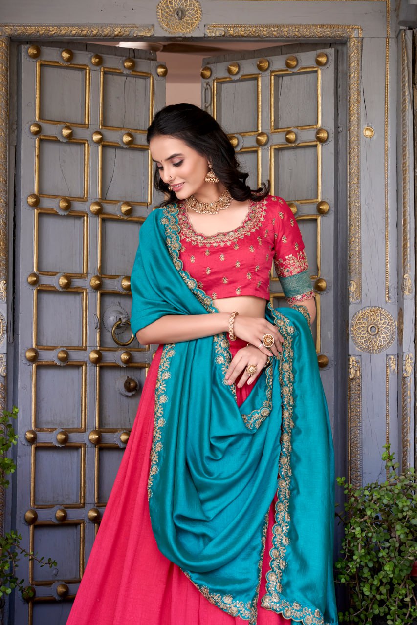 Rose Pink Party Wear Lehenga Choli with Zari Weaving & Dupatta