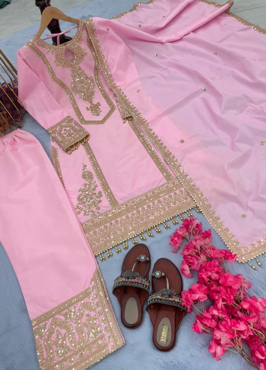 Pink Designer Chinon Silk Plazzo Top and Dupatta For Party Wear