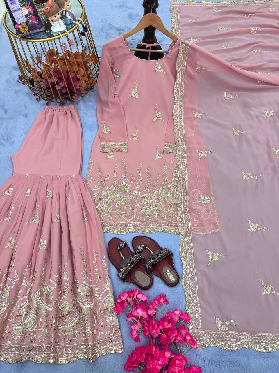 Pink Designer Georgette Sharara Plazzo Top and Dupatta For Party Wear