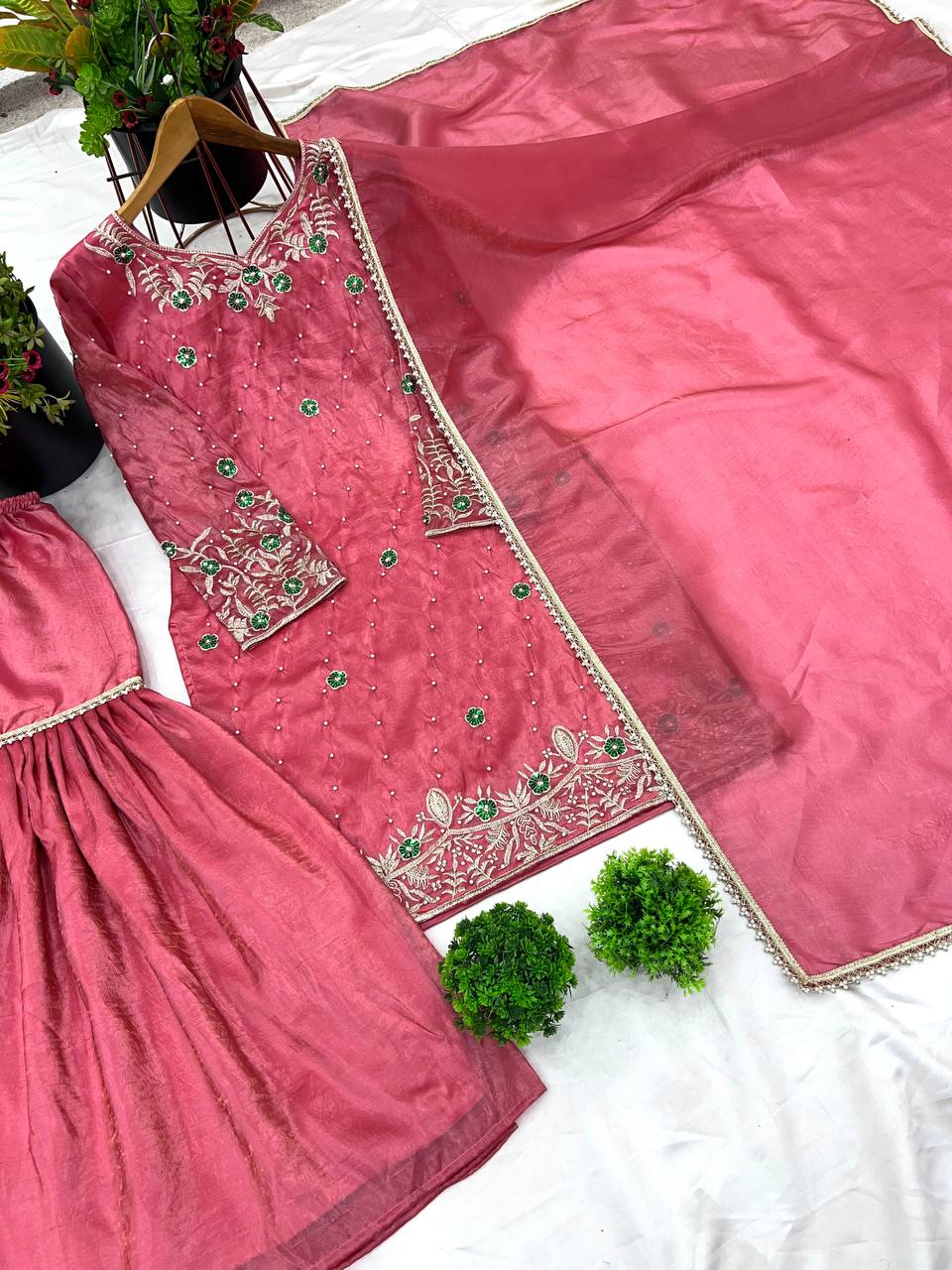 Pink Designer Gold Crush Embroidery Palazzo Top and Dupatta