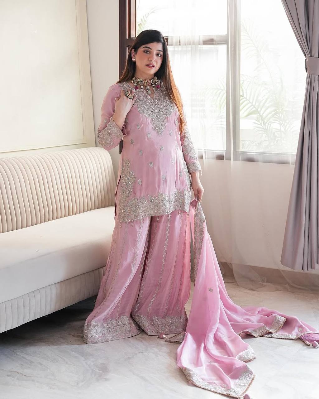 Pink Designer Heavy Chinon Silk Top Gharara and Dupatta For Party Wear