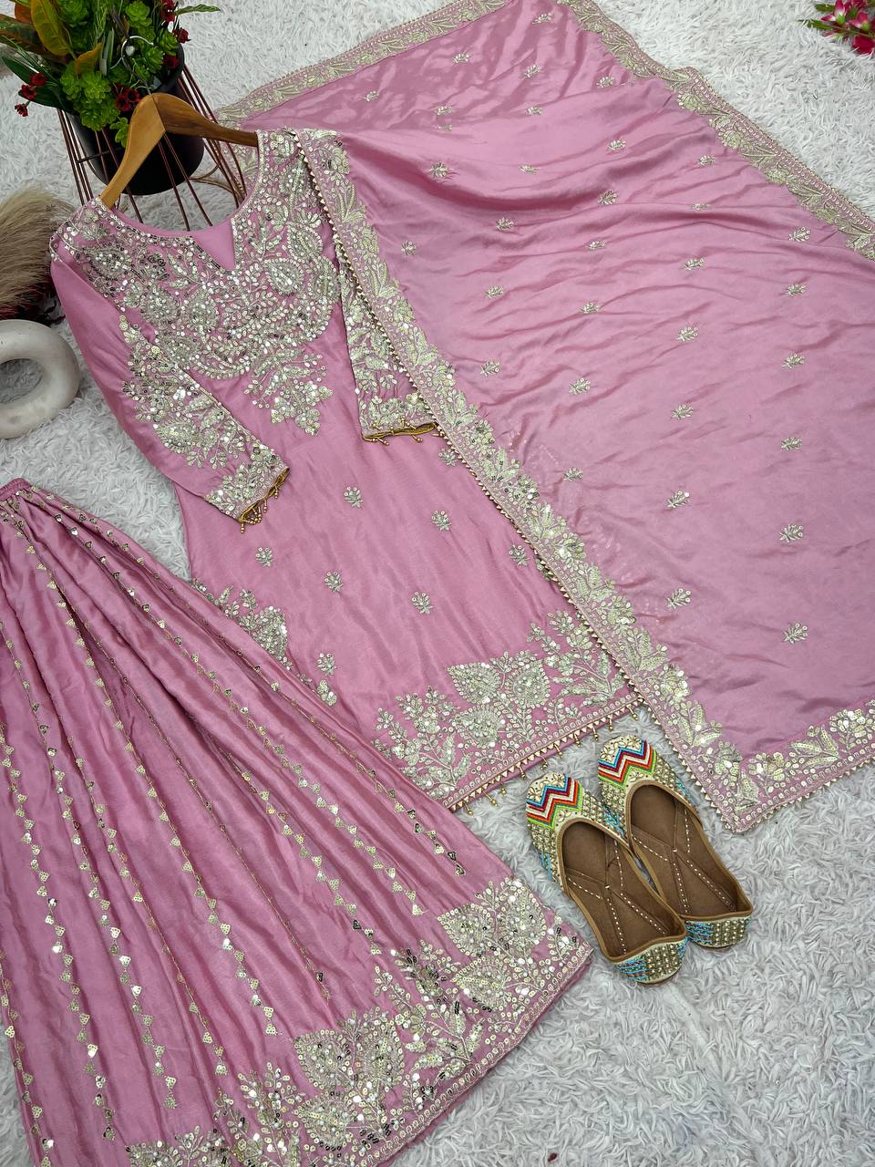 Pink Designer Heavy Chinon Silk Top Gharara and Dupatta For Party Wear