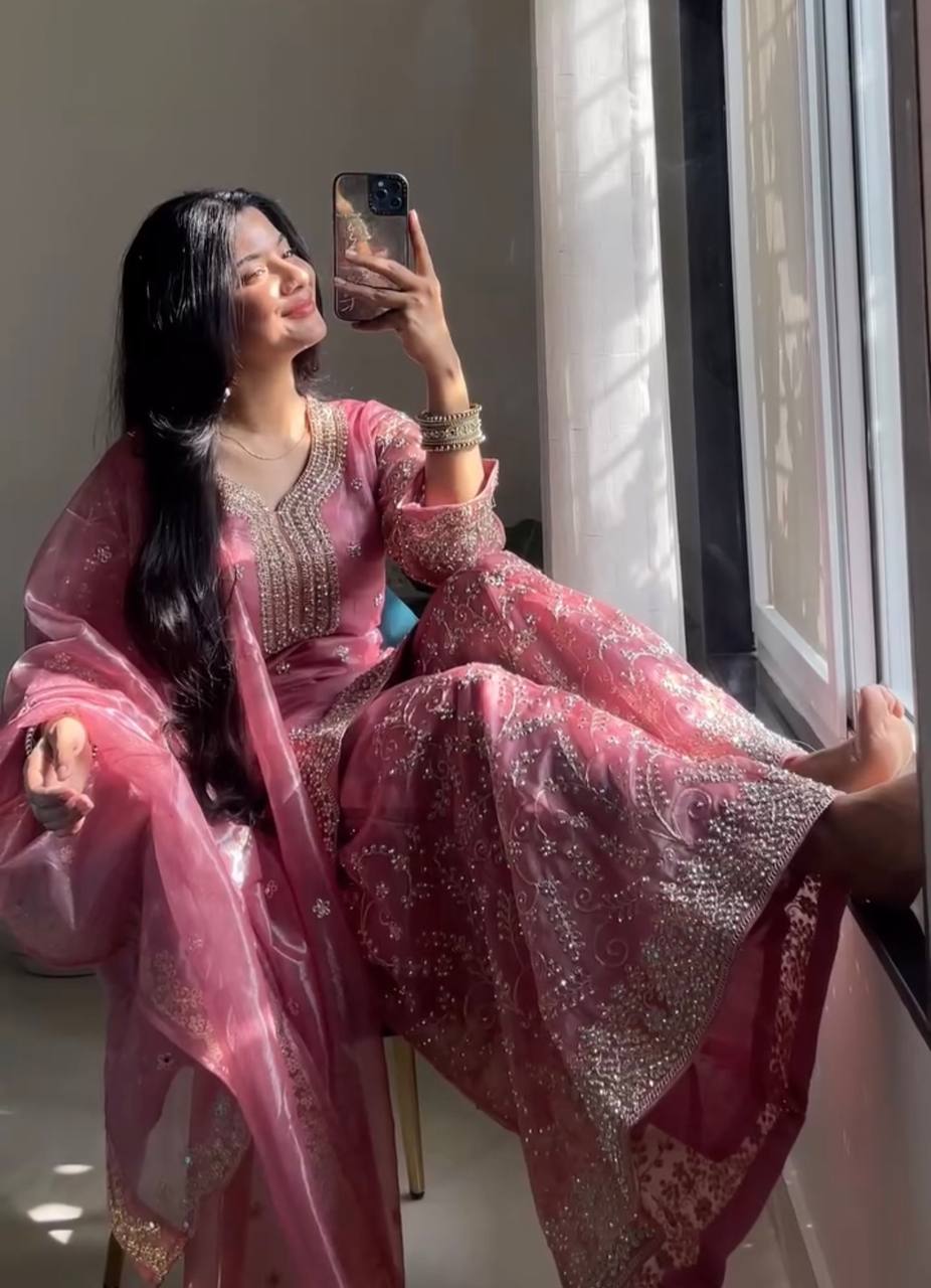 Pink Designer Pure Jimmy Choo Plazzo and Dupatta For Party Wear