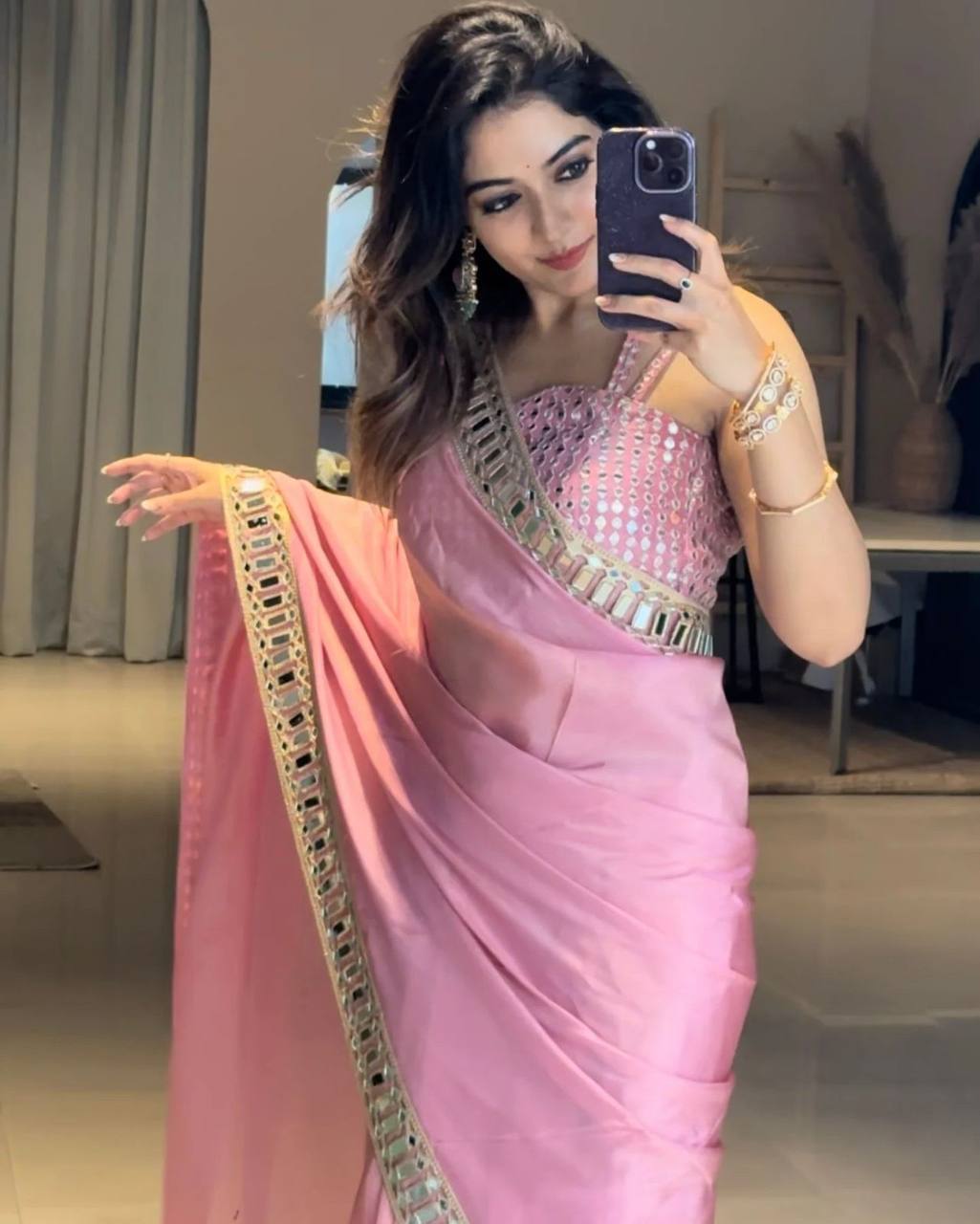 Pink Designer Pure Satin Silk Embroidery Saree and Mirror Work Blouse