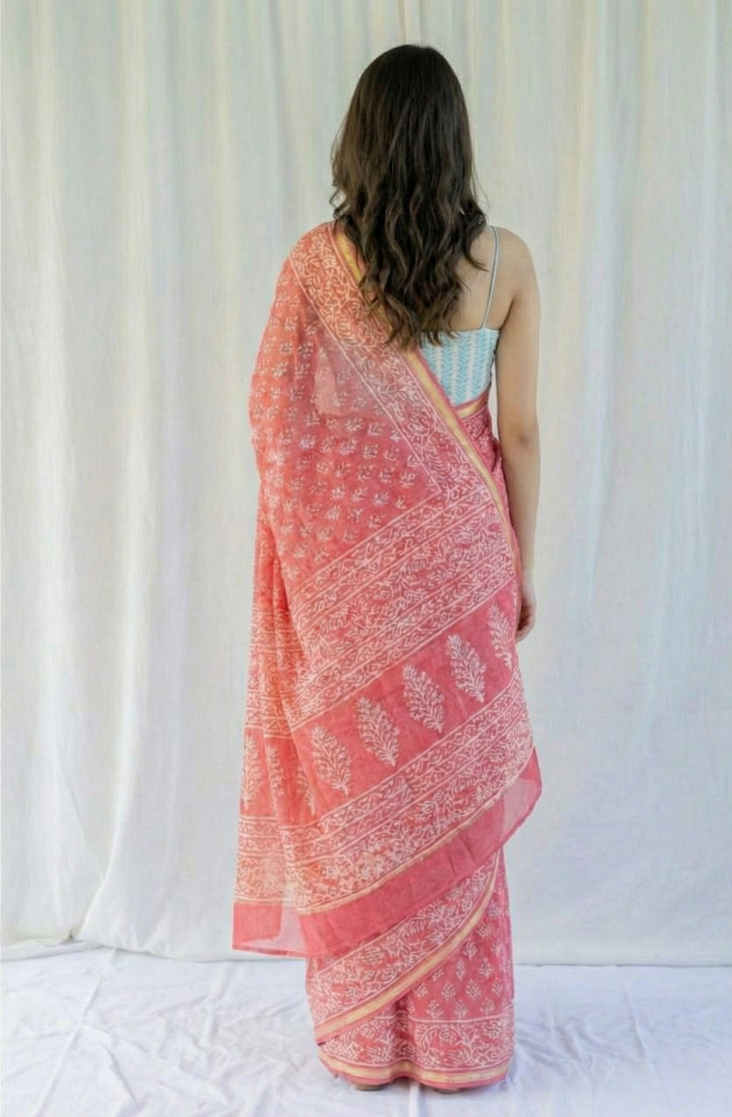 Pink Mulmul Cotton Digital Print Saree with Mint Green Mulmul Blouse