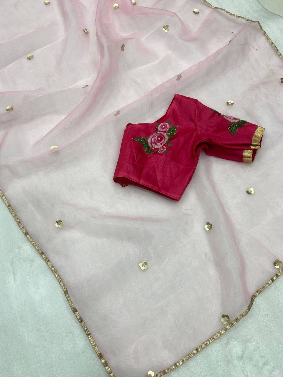 Pink Pure Organza Saree with Designer Printed Handwork Blouse