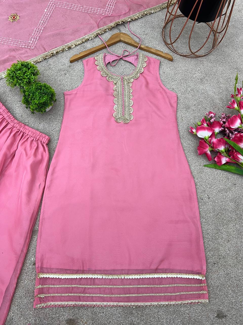 Pink Tabby Organza Kurta Sharara Suit and Dupatta For Festive wear