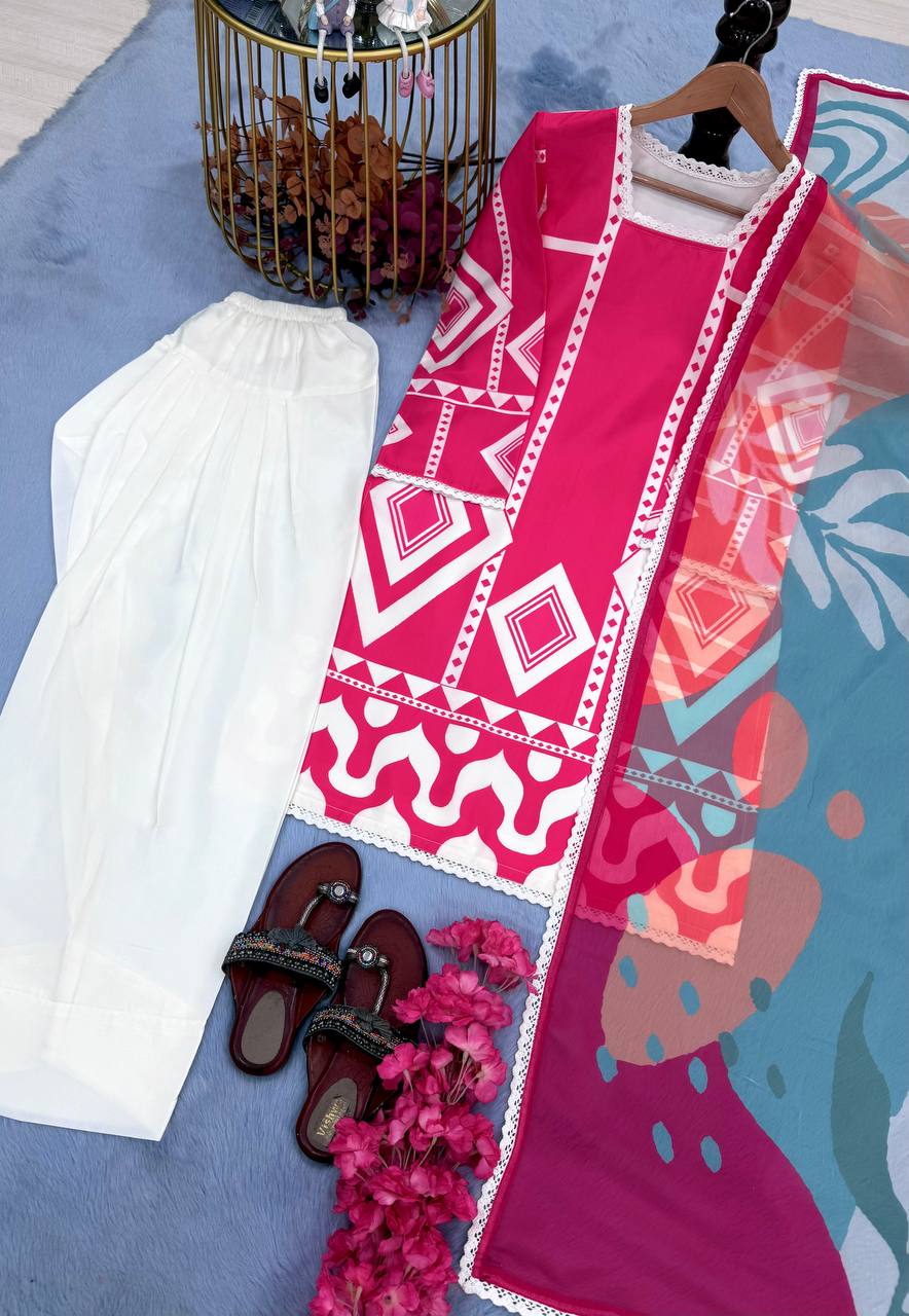 Pink & White Designer Natural Crepe Print Plazzo Top and Dupatta