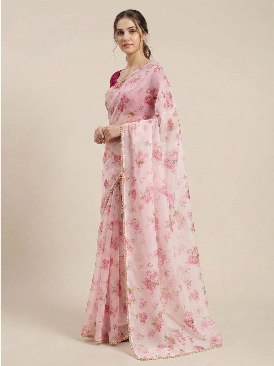 Pink & White Georgette Digital Print Saree with Moti Lace Border