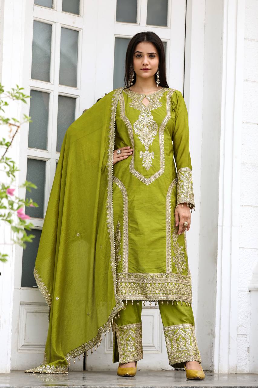 Pista Green Designer Chinon Silk Plazzo Top and Dupatta For Party Wear