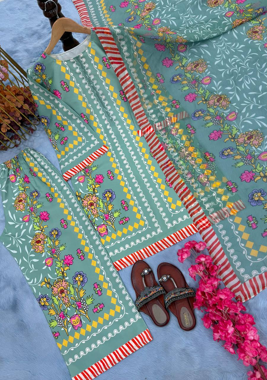 Pista Green Designer Natural Crepe Digital Print Plazzo Top and Dupatta