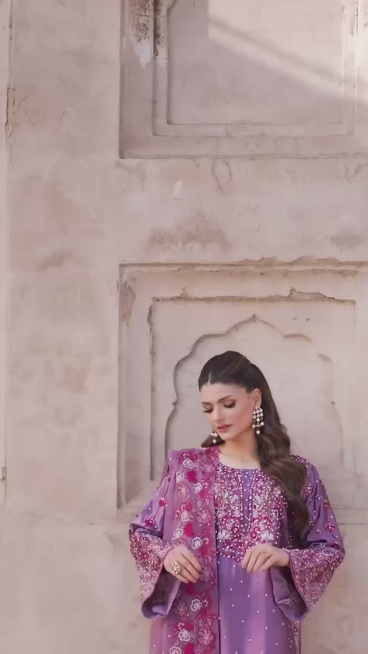 Dusty Lavender Embroidered Sharara Suit with Floral Dupatta