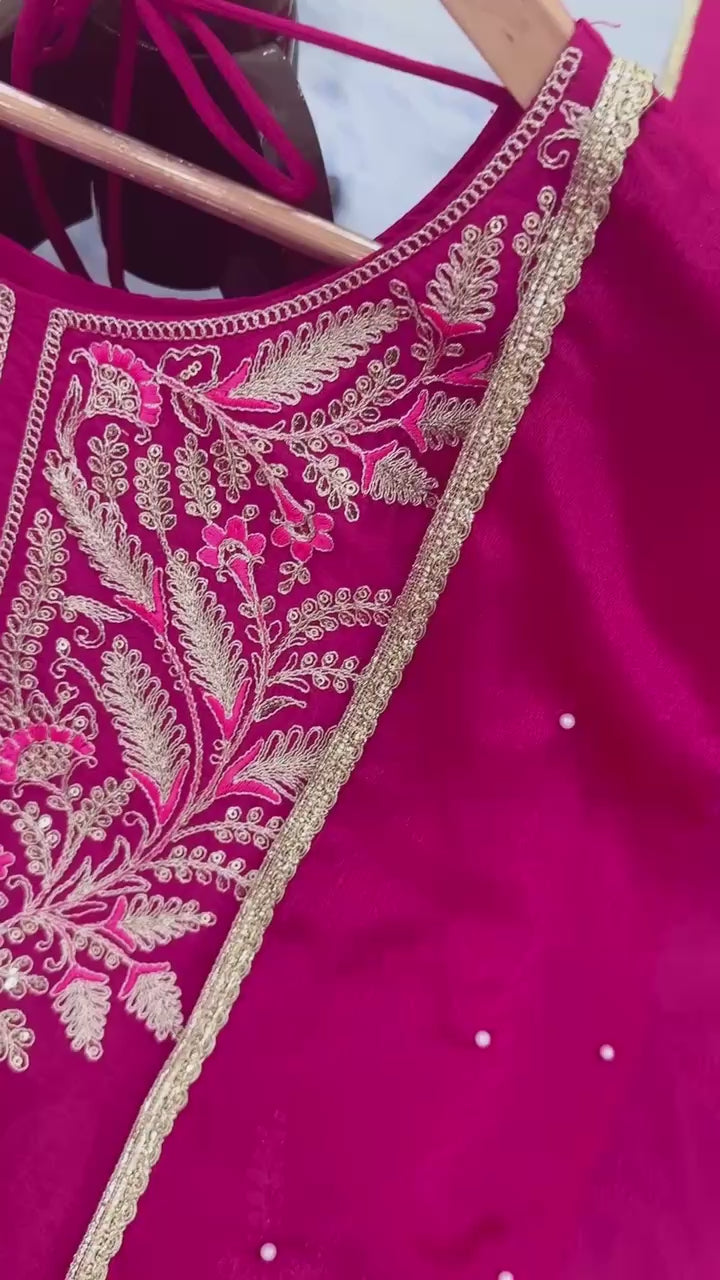 Rani Pink Peplum Kurta Sharara Set with Intricate Thread & Sequin Embroidery