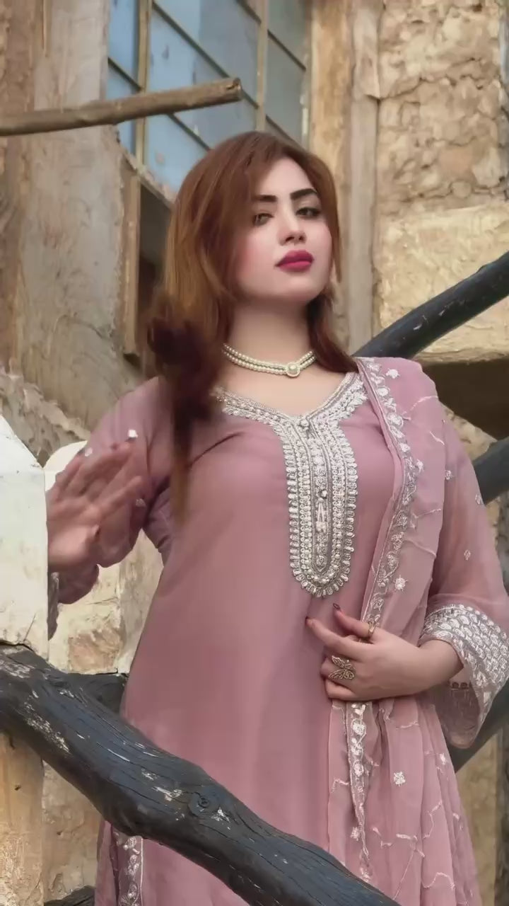 Dusty Rose Embroidered Palazzo Suit with Mirror Work Detailing and Net Dupatta