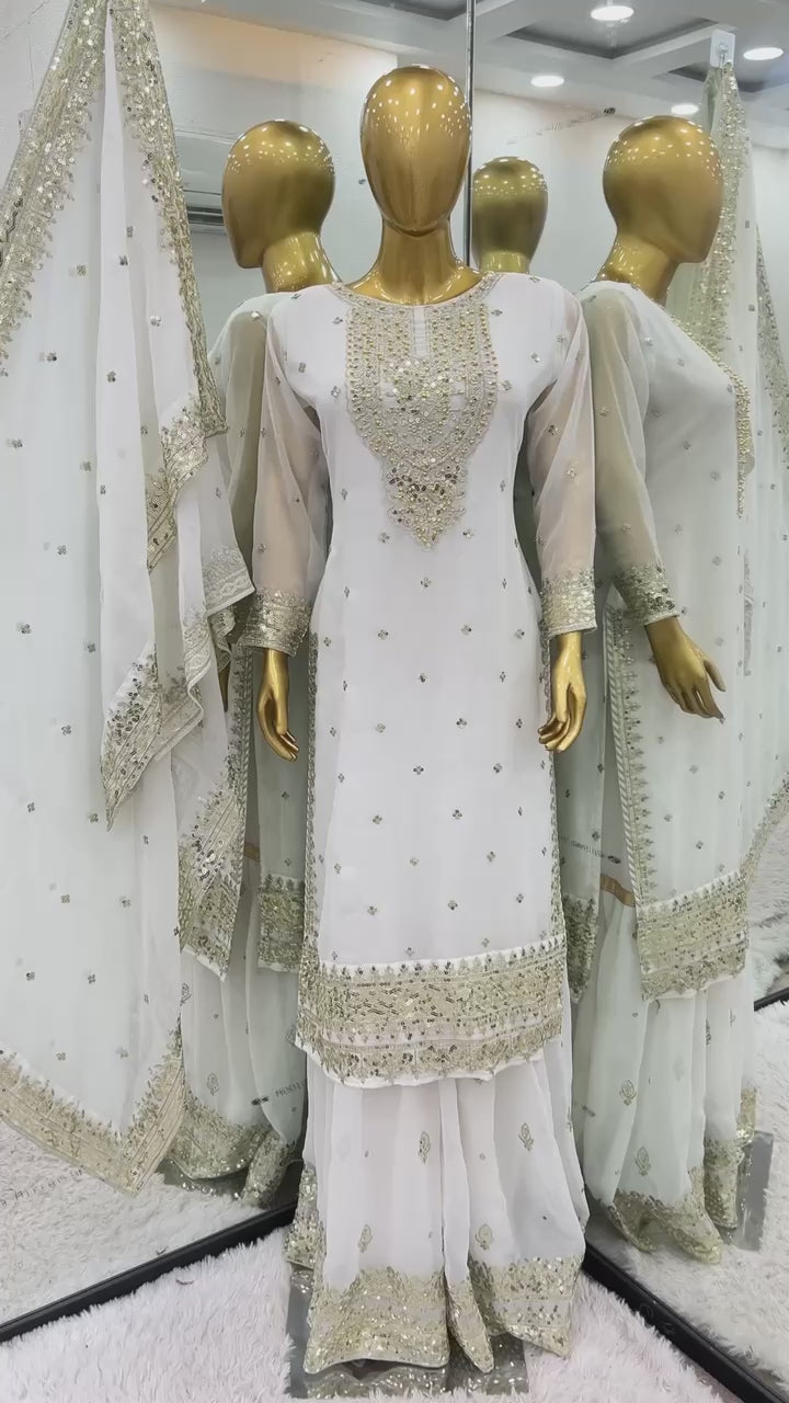Heavy Mirror Embroidered Sharara Suit with Silver Zari Detailing