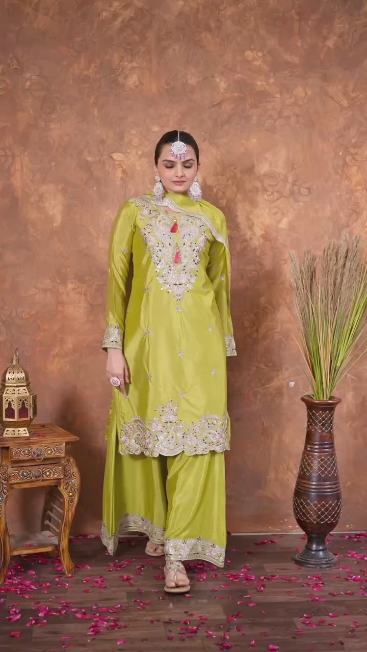 Zari Mirror Embroidered Straight Kurta Set with Sharara and Scalloped Dupatta