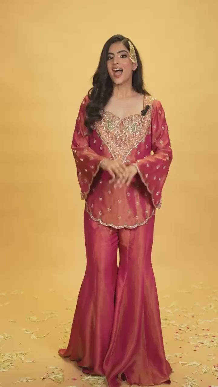 Hot Pink Hand Embroidered Short Kurti with Flared Palazzo & Dupatta