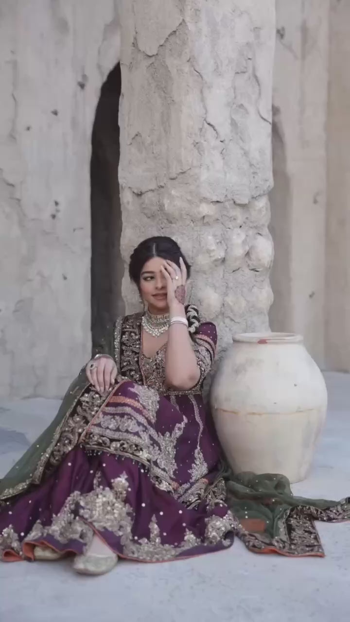 Regal Plum Bridal Sharara Suit with Antique Zari and Embellished Dupatta