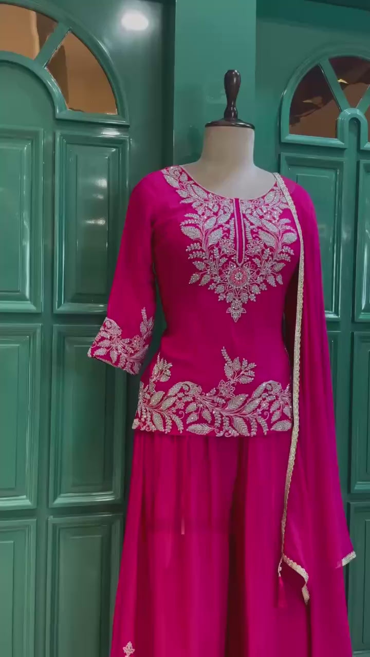 Rani Pink Peplum Kurta Sharara Set with Intricate Thread & Sequin Embroidery