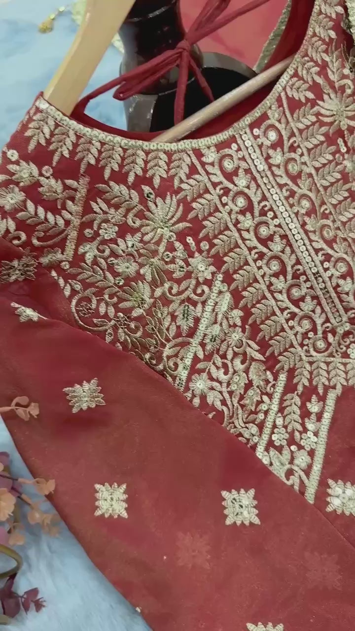 Rust Orange Embroidered Straight-Cut Suit with Sharara & Heavy Zari Work