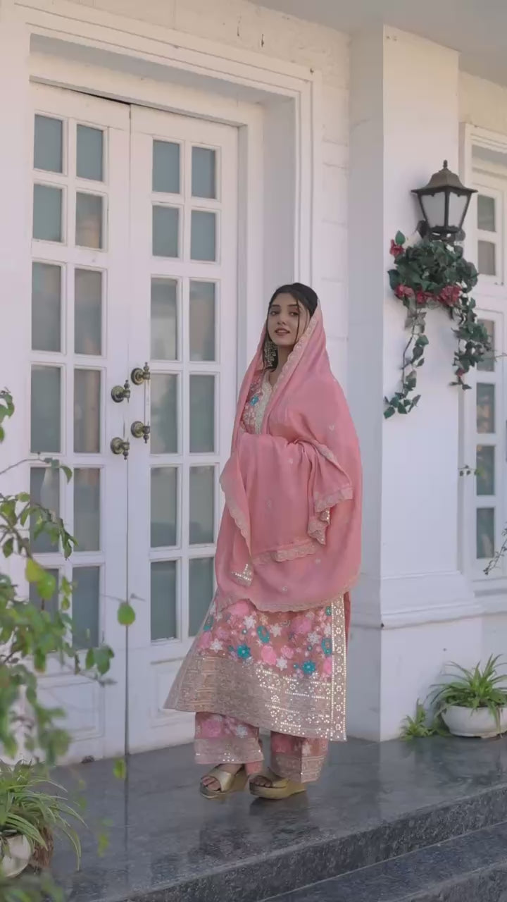 Floral Embroidered Pakistani Style Straight Suit Set with Mirror Work & Matching Dupatta