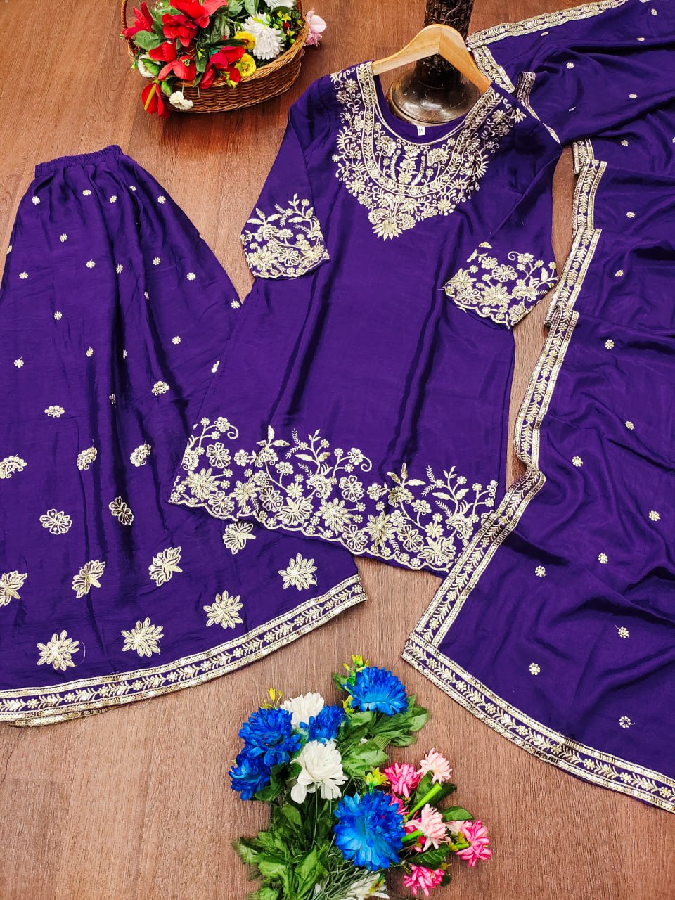 Purple Designer Chinon Embroidery Sharara Suit and Dupatta For Party Wear